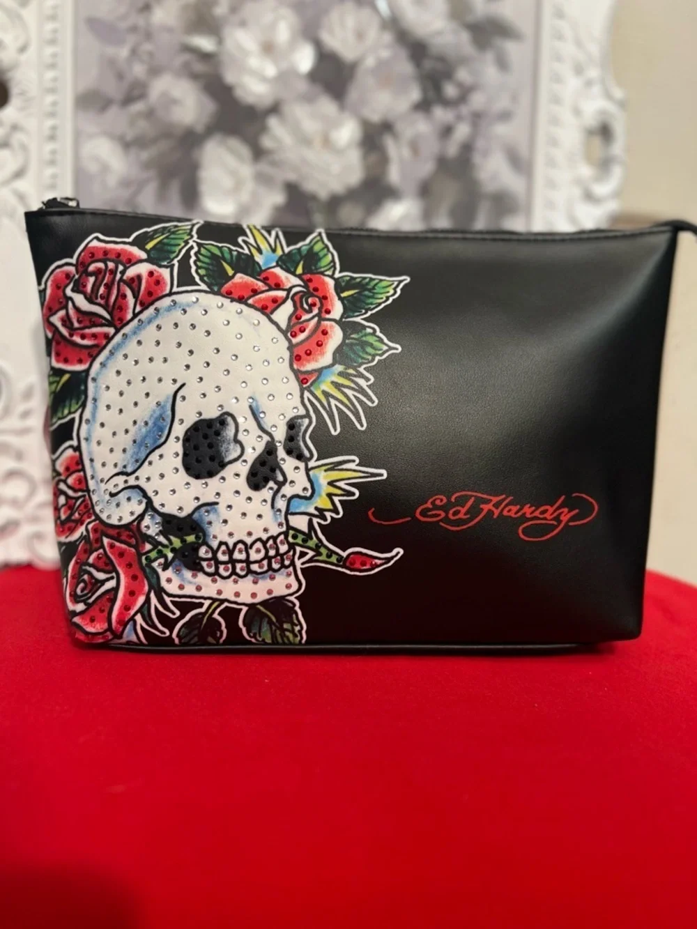 ❤️‍🔥Ed Hardy Rhinestone Black Skull & Rose Cosmetic Pouch-NWT❤️‍🔥